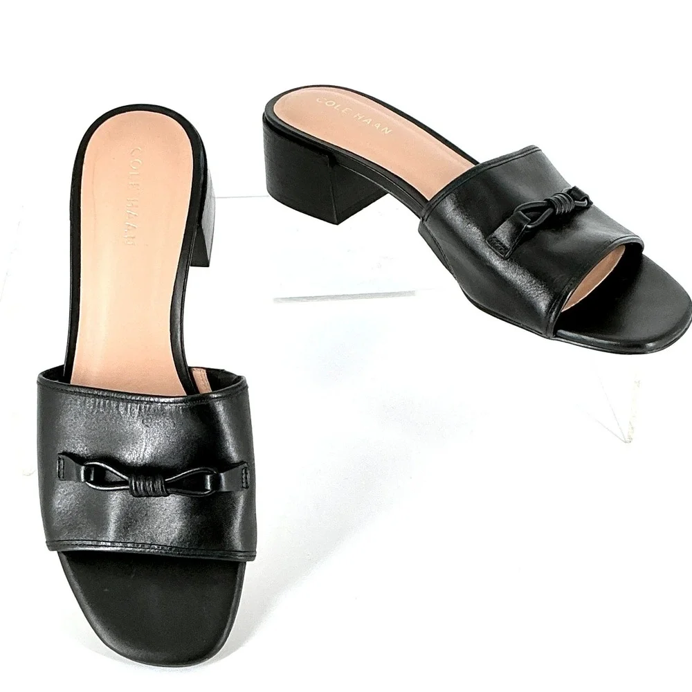 Cole Haan Grand 360 Size 8 Black‎ Leather Knot Slide Sandals Block Heel Womens